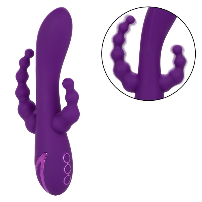 California Dreaming Long Beach Bootylicious Rechargeable Silicone Dual Penetrating Rabbit Vibrator - Purple