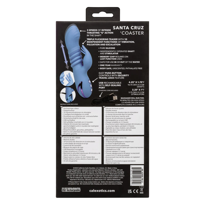 California Dreaming Santa Cruz Coaster Silicone Rechargeable Rabbit Vibrator - Blue