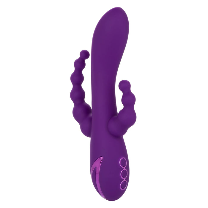 California Dreaming Long Beach Bootylicious Rechargeable Silicone Dual Penetrating Rabbit Vibrator - Purple