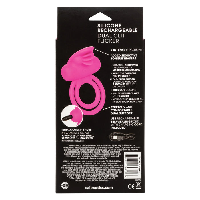 Silicone Rechargeable Dual Clit Flicker Vibrating Cockring Multispeed Waterproof Pink