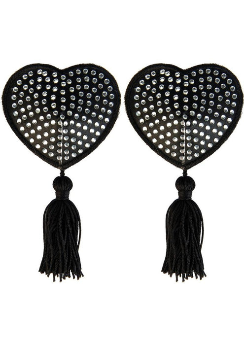 BLACK SATIN HEART/WHITE STONE & TASSEL