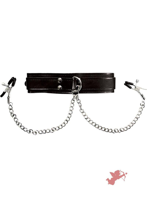 Sportsheets Collar with Nipple Clamps - Black/Silver
