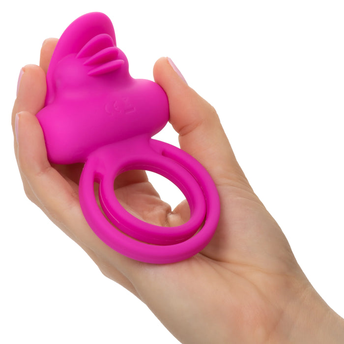Silicone Rechargeable Dual Clit Flicker Vibrating Cockring Multispeed Waterproof Pink