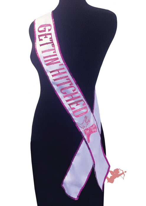 Gettin Hitched Bride Party Sash Glitter White/Pink