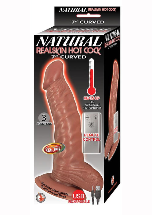 Natural Realskin Hot Cock Curved Warming Rechargeable Dildo with Remote Control 7in - Chocolate
