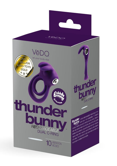 Thunder Bunny Rechargeable Silicone Dual Cock Ring - Deep Purple