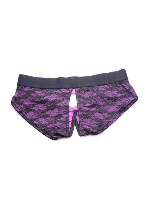Strap U Lace Envy Pegging Set with Lace Crotchless Panty Harness and Dildo 5in - L/XL - Purple/Black