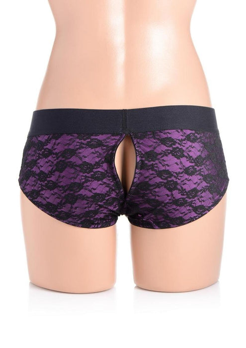 Strap U Lace Envy Pegging Set with Lace Crotchless Panty Harness and Dildo 5in - L/XL - Purple/Black
