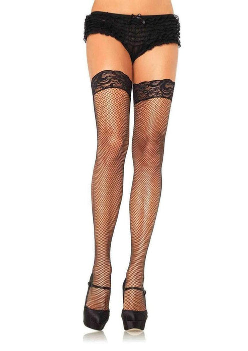9122 BLACK Stay Up Lycar Fishnet W/ Lace Top Thigh Hi O/S