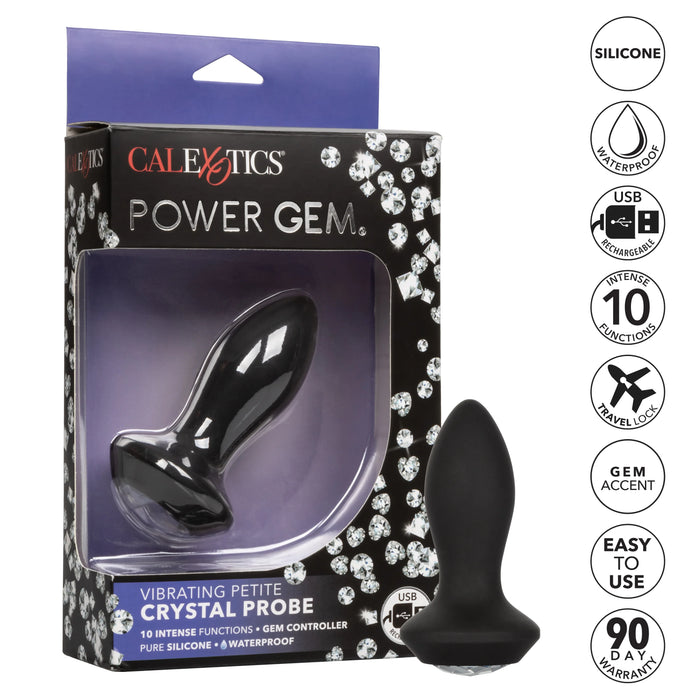 Power Gem Vibrating Petite Crystal Probe Silicone Rechargeable Anal Plug - Black