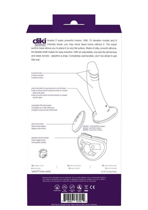 VeDO Diki Rechargeable Silicone Vibrating Dildo with Harness and Remote Control - Deep Purple