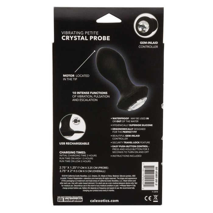 Power Gem Vibrating Petite Crystal Probe Silicone Rechargeable Anal Plug - Black