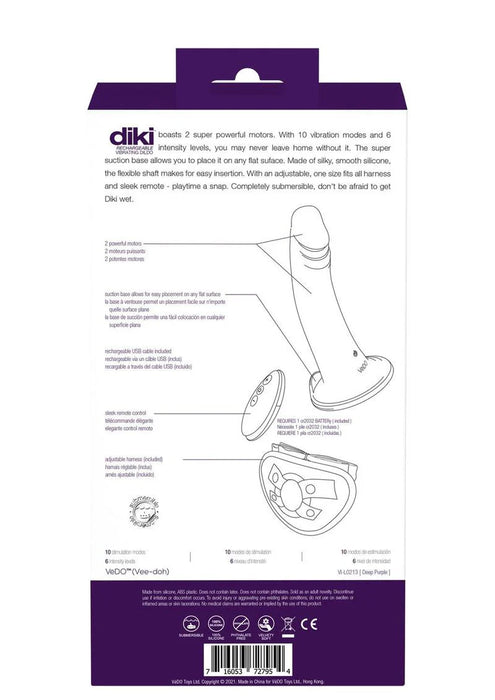 VeDO Diki Rechargeable Silicone Vibrating Dildo with Harness and Remote Control - Deep Purple