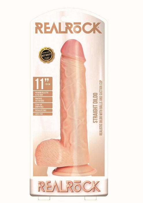 RealRock Realistic 11 in. Straight Dildo With Balls and Suction Cup Beige