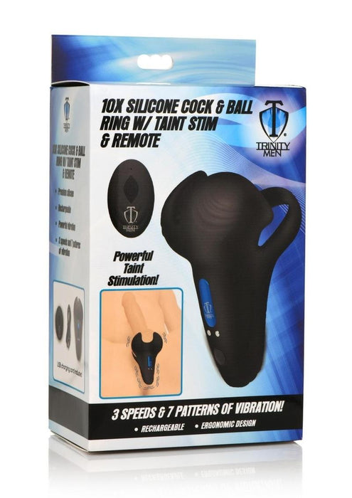 Trinity Men 10X Silicone Cock & Ball Ring with Taint Stim & Remote Control - Black