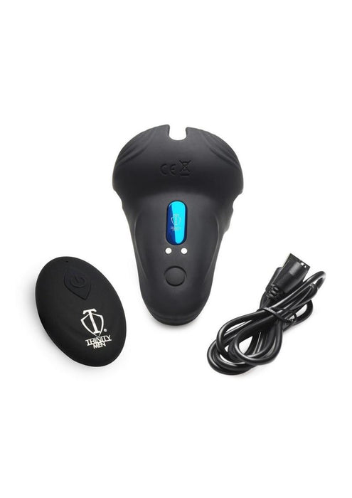 Trinity Men 10X Silicone Cock & Ball Ring with Taint Stim & Remote Control - Black