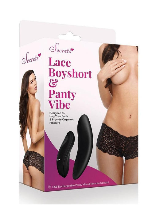 Secrets Lace Boyshort & Rechargeable Remote Control Panty Vibe - O/S - Black