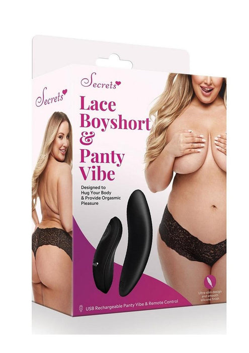 Secrets Lace Boyshort & Rechargeable Remote Control Panty Vibe - Q/S - Black