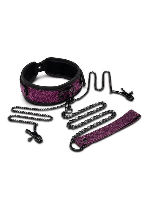 WhipSmart Dragon's Lair Collar, Leash & Nipple Clips Set - Black/Purple