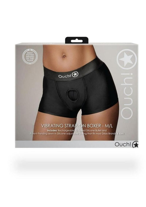 Ouch! Vibrating Strap-On Boxer with Rechargeable Bullet for Comfortable Wear M/L - Black