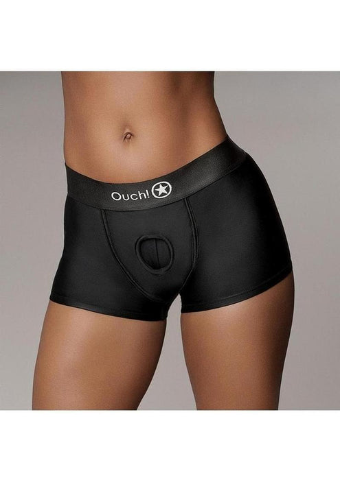 Ouch! Vibrating Strap-On Boxer with Rechargeable Bullet for Comfortable Wear M/L - Black