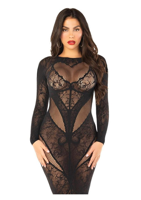 86005 Lace and Net Body Con Gown with Heart Keyhole Detail