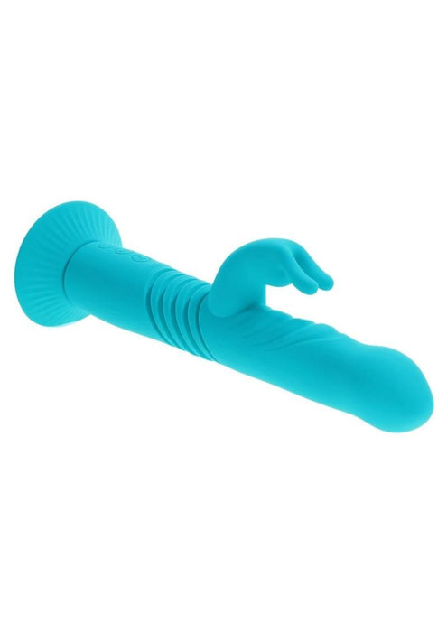 Bunny Hop Rechargeable Silicone Throbbing Rabbit Vibrator - Blue