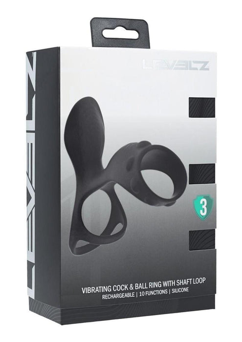 Levelz Vibrating Silicone Rechargeable Cock & Ball Ring with Shaft Loop - Black