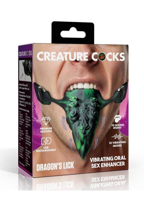 Creature Cocks Dragon's Lick Vibrating Rechargeable Silicone Oral Enhancer with Harness - Green/Black
