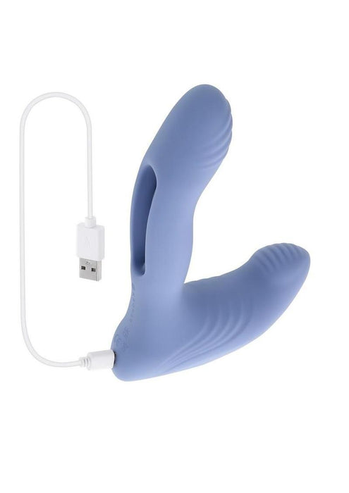 Gender X Flapjack Rechargeable Silicone Vibrating Dildo With Clitoral Stimulator - Blue