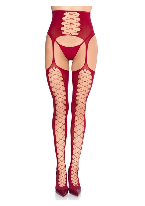 Leg Avenue Opaque Faux Lace-Up Stockings with Attached Waist Cincher Garter Belt - O/S - Burgundy