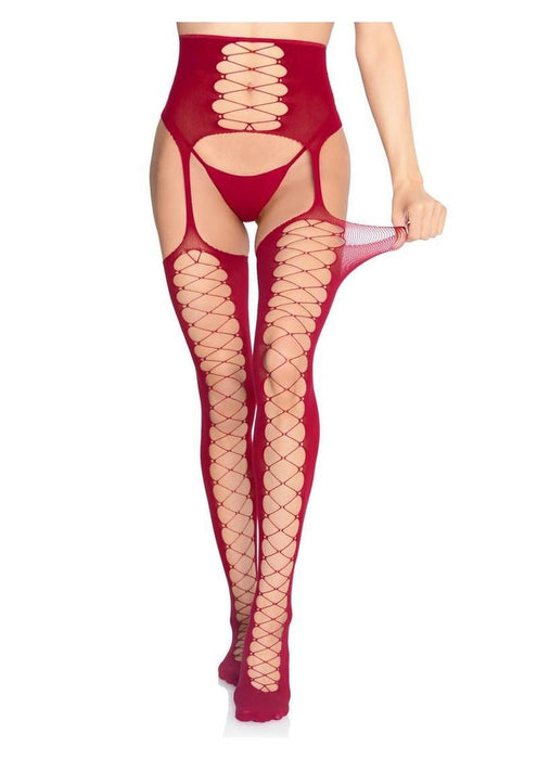 Leg Avenue Opaque Faux Lace-Up Stockings with Attached Waist Cincher Garter Belt - O/S - Burgundy