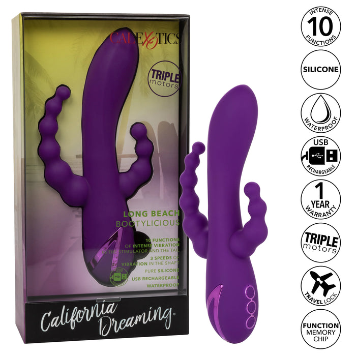 California Dreaming Long Beach Bootylicious Rechargeable Silicone Dual Penetrating Rabbit Vibrator - Purple