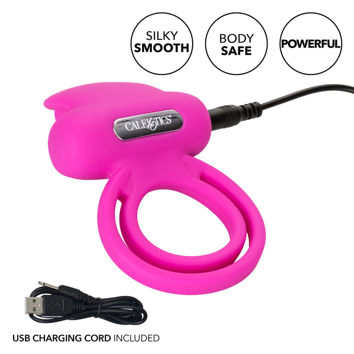 Silicone Rechargeable Dual Clit Flicker Vibrating Cockring Multispeed Waterproof Pink