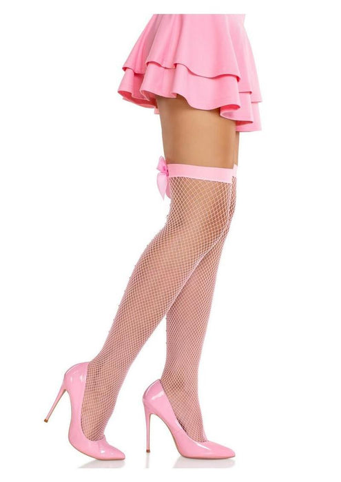 9128 Satin bow top fishnet thigh highs with rhinestone backseam.