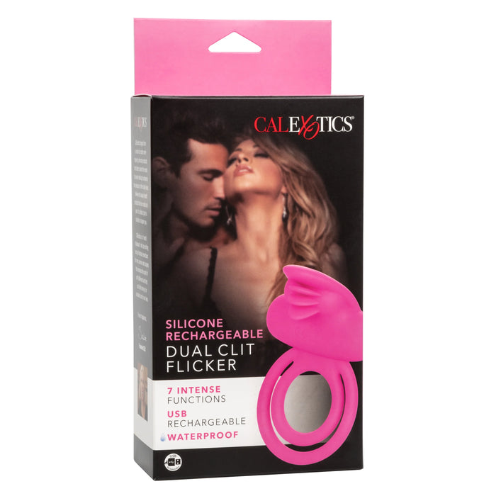 Silicone Rechargeable Dual Clit Flicker Vibrating Cockring Multispeed Waterproof Pink