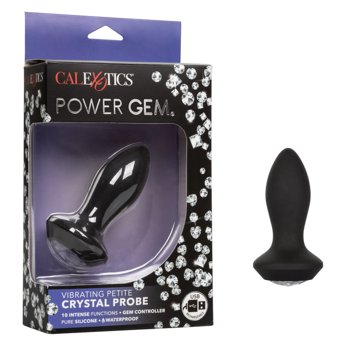 Power Gem Vibrating Petite Crystal Probe Silicone Rechargeable Anal Plug - Black