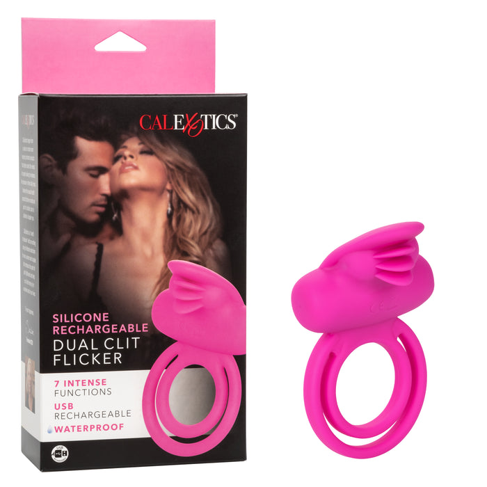 Silicone Rechargeable Dual Clit Flicker Vibrating Cockring Multispeed Waterproof Pink