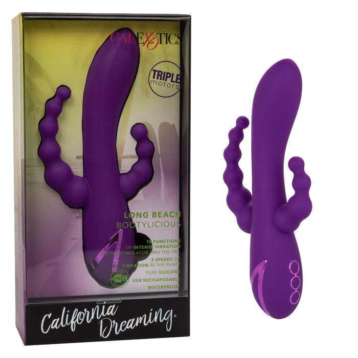 California Dreaming Long Beach Bootylicious Rechargeable Silicone Dual Penetrating Rabbit Vibrator - Purple