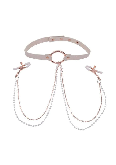 Sex & Miscielf Peaches 'n CreaMe Collar with Nipple Clamps - Ivory/Rose Gold