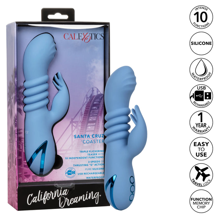 California Dreaming Santa Cruz Coaster Silicone Rechargeable Rabbit Vibrator - Blue