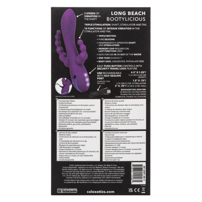 California Dreaming Long Beach Bootylicious Rechargeable Silicone Dual Penetrating Rabbit Vibrator - Purple