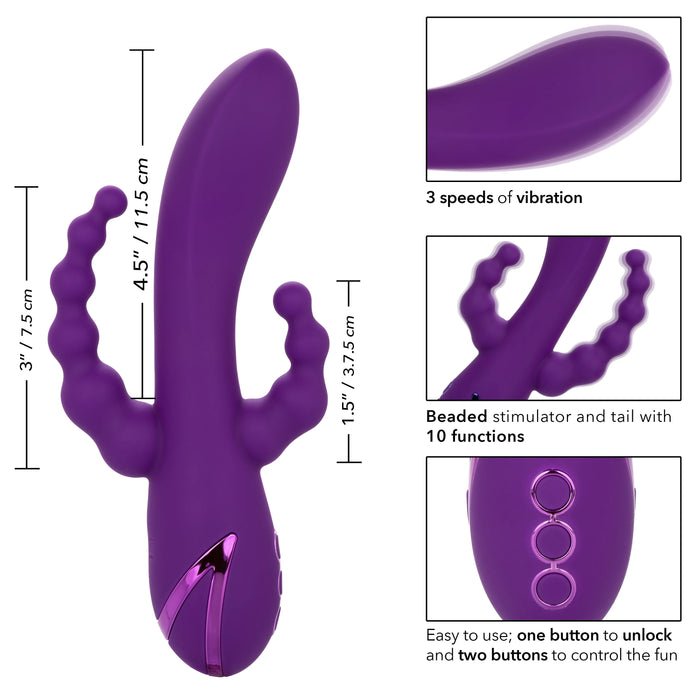 California Dreaming Long Beach Bootylicious Rechargeable Silicone Dual Penetrating Rabbit Vibrator - Purple