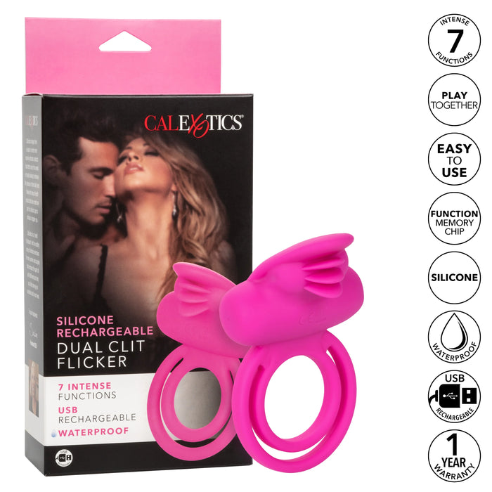 Silicone Rechargeable Dual Clit Flicker Vibrating Cockring Multispeed Waterproof Pink