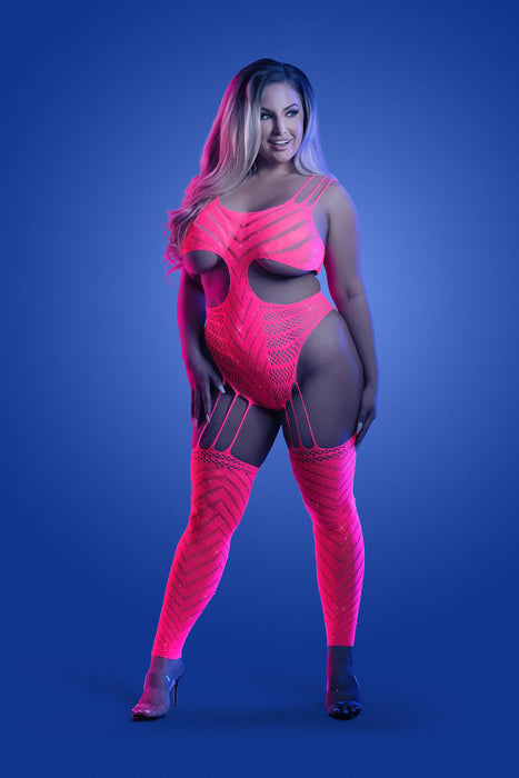 GL2140 WAVELENGTH UV reactive rhinestone fishnet cut-out teddy bodystocking