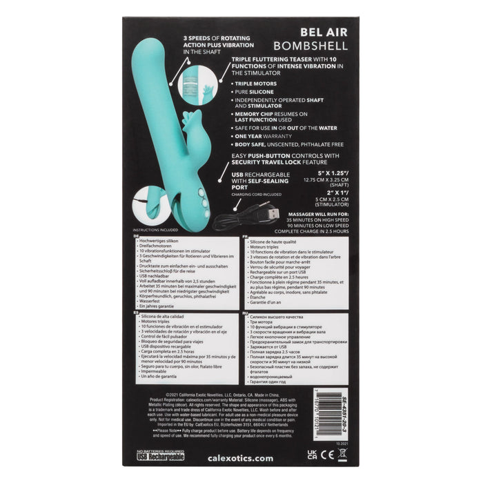 California Dreaming Bel Air Bombshell Rechargeable Silicone Vibrator with Clitoral Stimulator - Blue