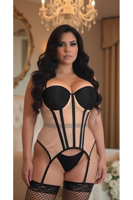 LV-116 Lavish Nude/Black Mesh Underwire Bustier Corset w/Garters