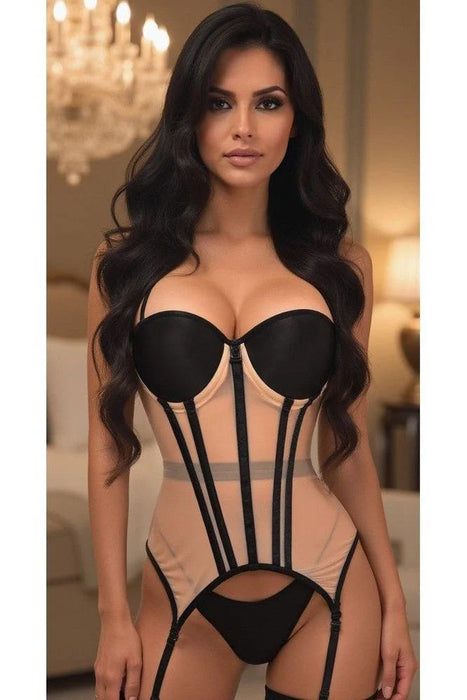 LV-116 Lavish Nude/Black Mesh Underwire Bustier Corset w/Garters
