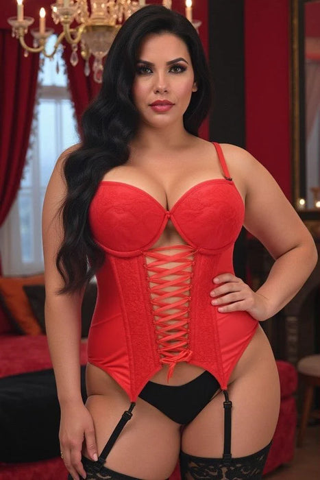 LV-97 Lavish Red Lycra &amp; Lace Hook &amp; Eye Lace-Up Bustier Corset w/Garters