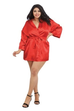 3717X 3X/4X Red Charmeuse Short Length Kimono w/Matching Chemise